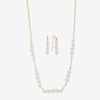 Liz Claiborne Gold Tone Collar Necklace And Drop Earring Womens White Simulated Pearl Round 2-pc. Jewelry Set