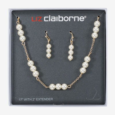 Liz Claiborne Gold Tone Collar Necklace And Drop Earring Womens White Simulated Pearl Round 2-pc. Jewelry Set