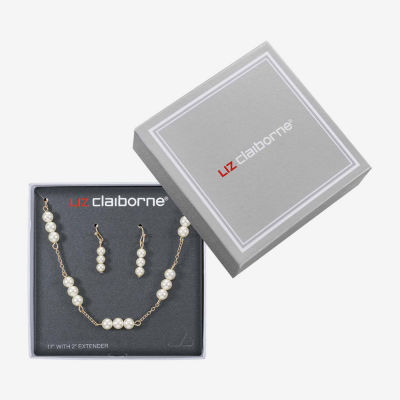 Liz Claiborne Gold Tone Collar Necklace And Drop Earring Womens White Simulated Pearl Round 2-pc. Jewelry Set