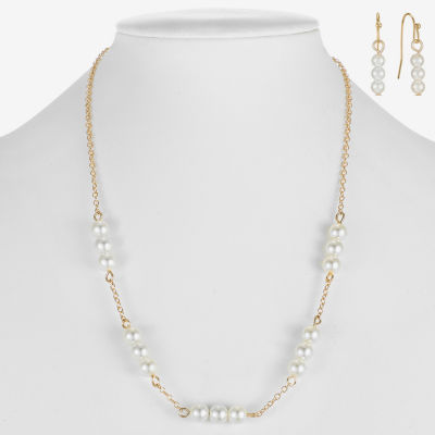 Liz Claiborne Gold Tone Collar Necklace And Drop Earring Womens White Simulated Pearl Round 2-pc. Jewelry Set