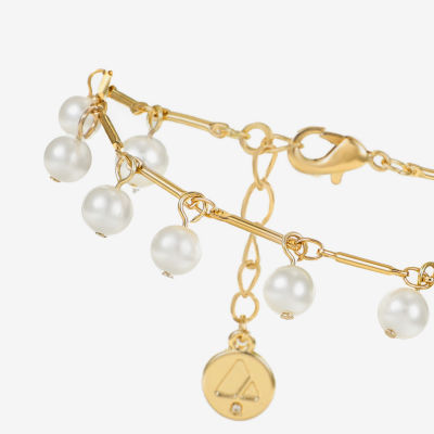 Liz Claiborne Gold Tone Womens White Simulated Pearl Round Strand Bracelet