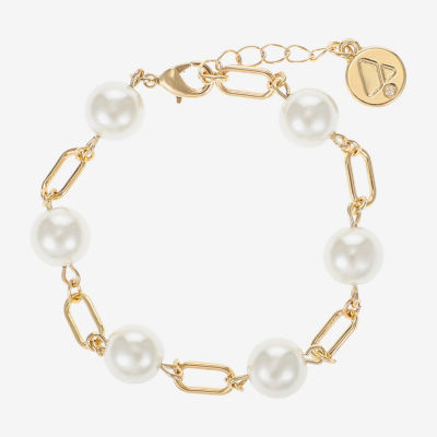 Liz Claiborne Gold Tone Womens White Simulated Pearl Round Strand Bracelet