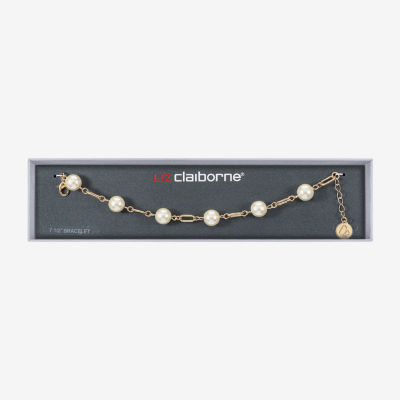 Liz Claiborne Gold Tone Womens White Simulated Pearl Round Strand Bracelet