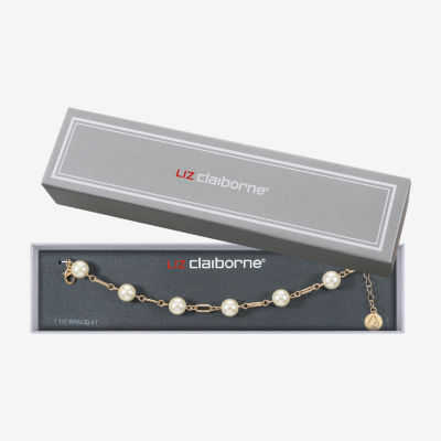 Liz Claiborne Gold Tone Womens White Simulated Pearl Round Strand Bracelet