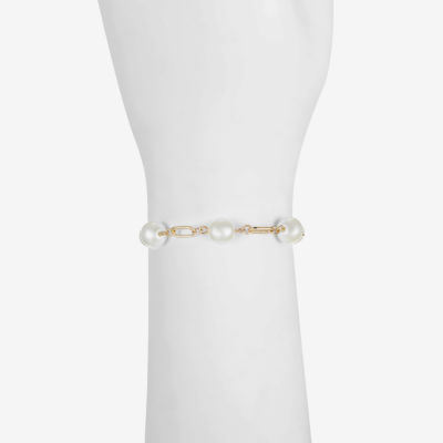 Liz Claiborne Gold Tone Womens White Simulated Pearl Round Strand Bracelet