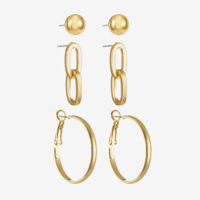 Liz Claiborne Gold Tone; Stud; Drop And Hoop Womens Hypoallergenic 3 Pair Earring Set