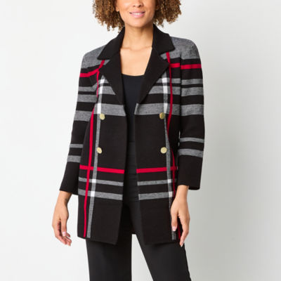 Black Label by Evan-Picone Plaid Womens Long Sleeve Open Front Cardigan