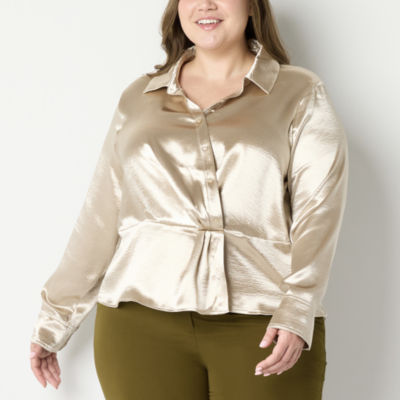 Worthington Plus Womens Long Sleeve Satin Blouse