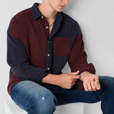 Arizona Mens Long Sleeve Striped Textured Button-Down Shirt