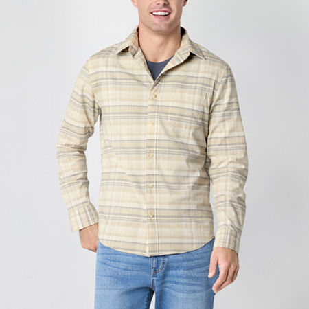 mutual weave Mens Easy-on + Easy-off Regular Fit Long Sleeve Plaid Button-Down Shirt, Xx-large, Beige