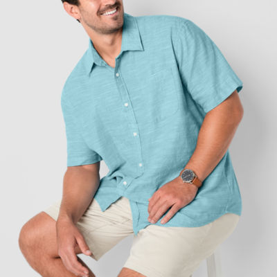 St. John's Bay Linen Slub Big and Tall Mens Classic Fit Short Sleeve Button-Down Shirt