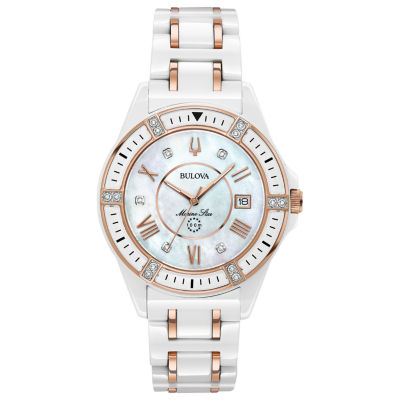 Bulova Marine Star Womens Diamond Accent White Strap Watch 98p172