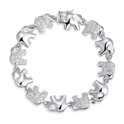 Sterling Silver Rhodium Plated Cubic Zirconia Elephant Bracelet 6.75-8"