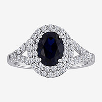 Blue & White Lab-Created Sapphire Double Halo Sterling Silver Ring