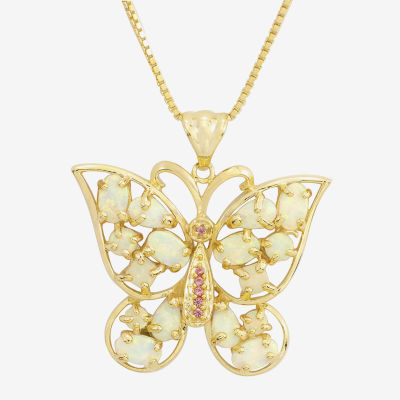 Lab-Created Opal and Pink Sapphire Butterfly Pendant Necklace