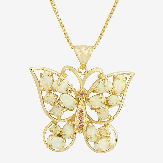 Lab-Created Opal and Pink Sapphire Butterfly Pendant Necklace