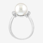 Effy  Womens Diamond Accent 10MM Genuine White Cultured Freshwater Pearl Sterling Silver Cocktail Ring