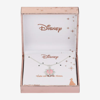 Disney Classics Cubic Zirconia Pure Silver Over Brass 16 Inch Cable Flower Beauty and the Beast Pendant Necklace