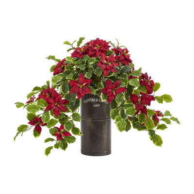 Nearly Natural 21in. Faux Poinsettia Holly Plant Christmas Tabletop Decor