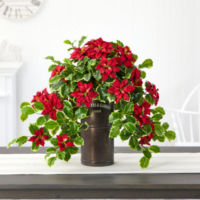 Nearly Natural 21in. Faux Poinsettia Holly Plant Red Christmas Tabletop Decor