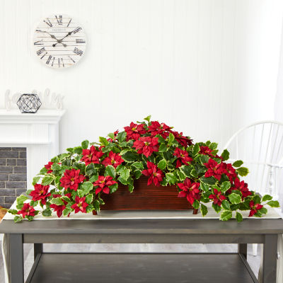 Nearly Natural 16in. Faux Poinsettia Holly Plant Red Christmas Tabletop Decor