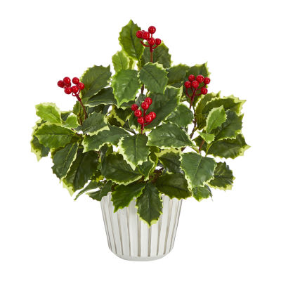 Nearly Natural 13in. Faux Holly Leaf Plant Green Christmas Tabletop Decor