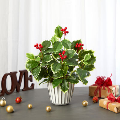 Nearly Natural 13in. Faux Holly Leaf Plant Green Christmas Tabletop Decor