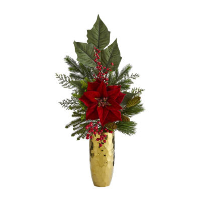 Nearly Natural Faux Poinsettia Berry Pine Pinecone Arrangement Christmas Tabletop Decor