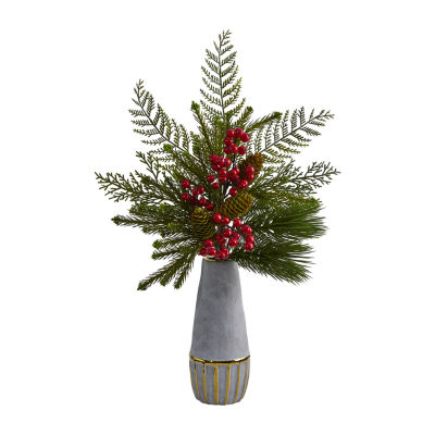 Nearly Natural 24in. Faux Pine Pinecone Berry Flower Arrangement Christmas Tabletop Decor