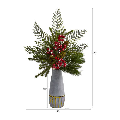 Nearly Natural 24in. Faux Pine Pinecone Berry Flower Arrangement Christmas Tabletop Decor
