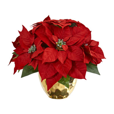 Nearly Natural Poinsettia Artificial Arrangement In Vase Christmas Tabletop Decor