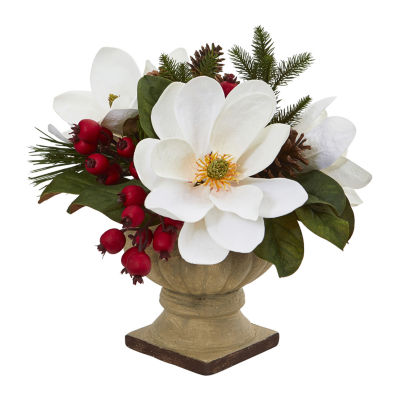 Nearly Natural Magnolia Pine & Berry Faux Arrangement Christmas Tabletop Decor