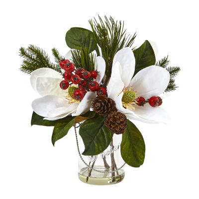 Nearly Natural 12in. Faux Magnolia Arrangement White Christmas Tabletop Decor