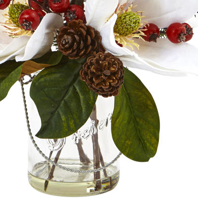 Nearly Natural 12in. Faux Magnolia Arrangement White Christmas Tabletop Decor