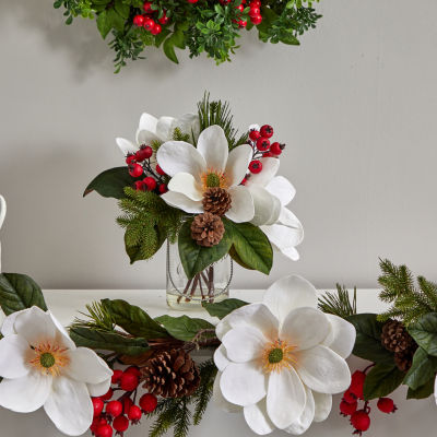 Nearly Natural 12in. Faux Magnolia Arrangement White Christmas Tabletop Decor