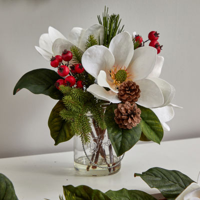 Nearly Natural 12in. Faux Magnolia Arrangement White Christmas Tabletop Decor