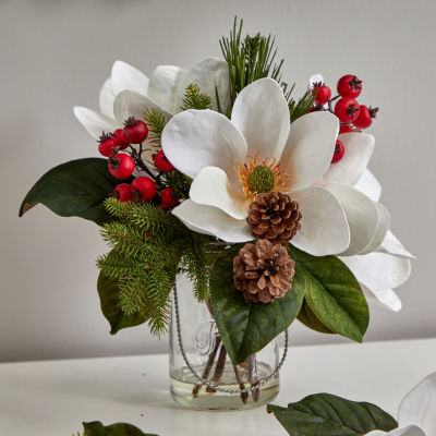 Nearly Natural 12in. Faux Magnolia Arrangement White Christmas Tabletop Decor