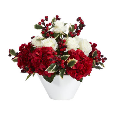 Nearly Natural Faux Hydrangea Rose Holly Berry Arrangement Christmas Tabletop Decor