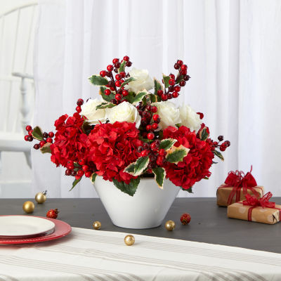 Nearly Natural Faux Hydrangea Rose Holly Berry Arrangement Christmas Tabletop Decor