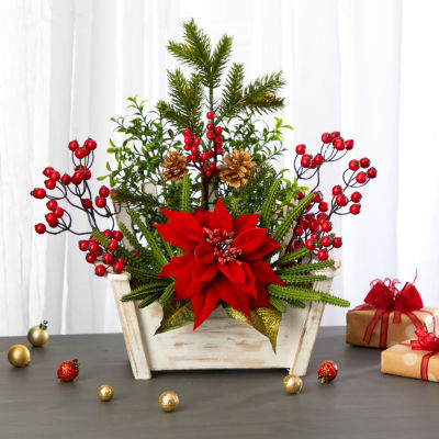 Nearly Natural Poinsettia Berry Arrangement Christmas Tabletop Decor