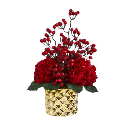 Nearly Natural 18in. Faux Hydrangea Berry Arrangement Red Christmas Tabletop Decor