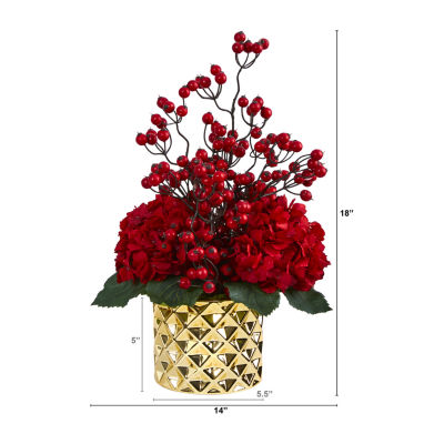 Nearly Natural 18in. Faux Hydrangea Berry Arrangement Red Christmas Tabletop Decor