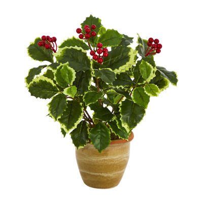 Nearly Natural 14in. Faux Holly Leaf Plant Green Christmas Tabletop Decor