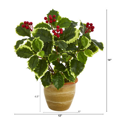 Nearly Natural 14in. Faux Holly Leaf Plant Green Christmas Tabletop Decor