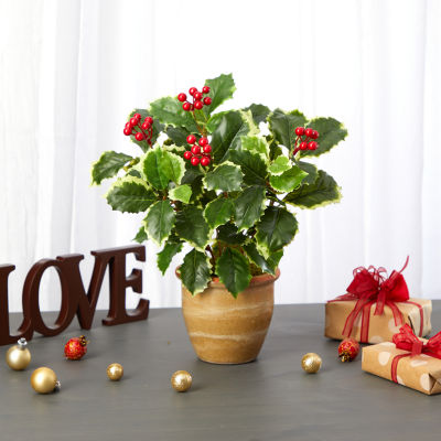 Nearly Natural 14in. Faux Holly Leaf Plant Green Christmas Tabletop Decor