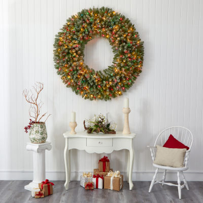 Nearly Natural Giant Flocked Faux Indoor Pre-Lit Christmas Wreath