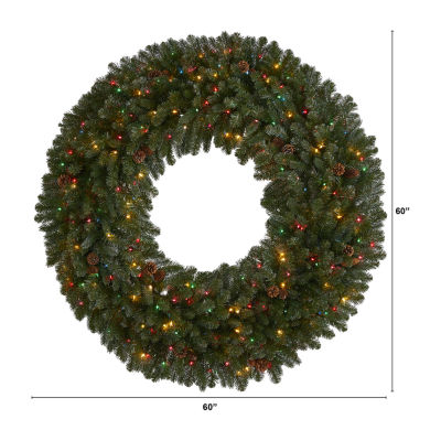 Nearly Natural Giant Flocked Faux Indoor Pre-Lit Christmas Wreath