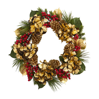 Nearly Natural 5in. Faux Hydrangea Pine Indoor Christmas Wreath