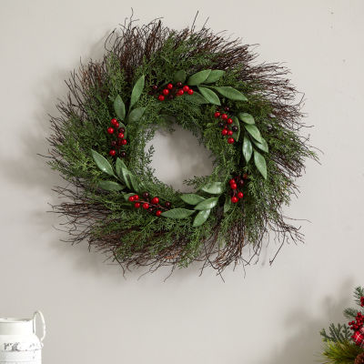 Nearly Natural 20 in. Cedar, Antlers, Lily & Ruscus with Berries Artificial  Wreath 