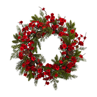 Nearly Natural 24in. Faux Pine Plum Blossom Indoor Christmas Wreath
